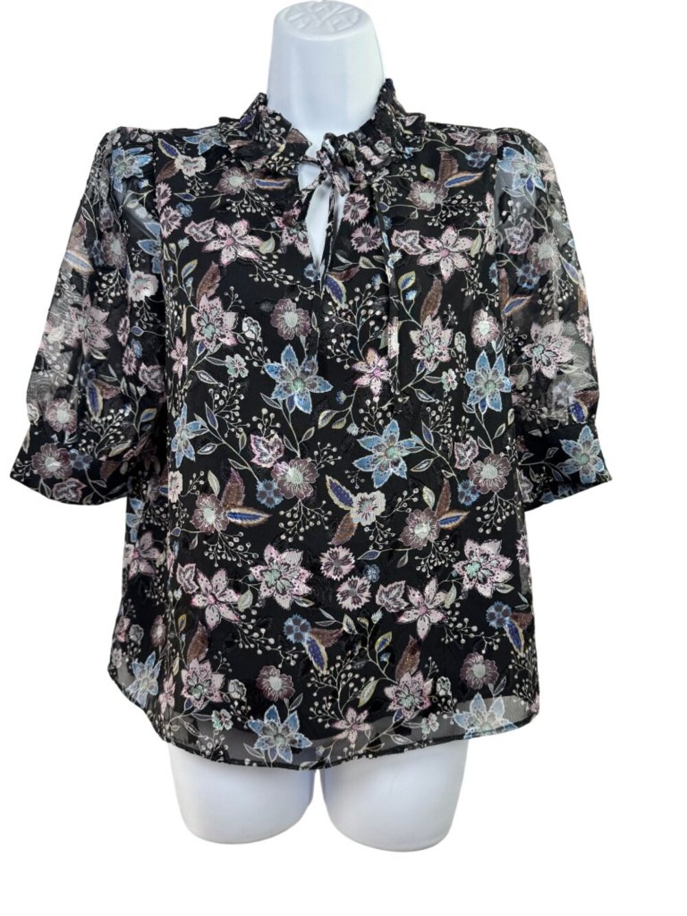 Anthropologie Current Air Floral Sheer Ruffle Neck BlouseTie Neck & 3/4 Sleeves